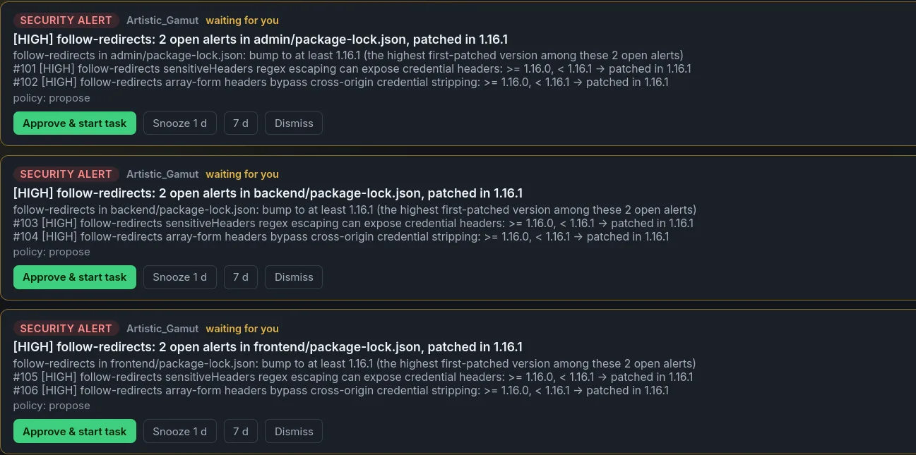 The GitHub inbox — security alerts and Dependabot pull requests waiting for a decision