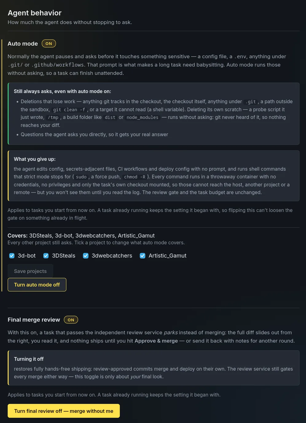 Settings — auto mode, with the deletes and questions it still always asks about